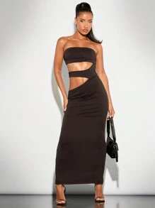 SHEIN BAE 純色性感無肩中空修身連身裙（適用於春季/夏季），單身派對、約會之夜和女子聚會的完美禮服