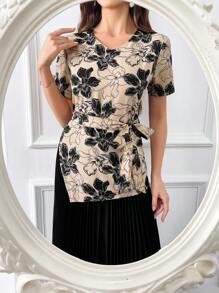 Al Najma Floral Print Knot Side Pleated Hem 2 In 1 Dress - Black - View 6