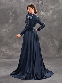 YISIKADO Women Sequin Contrast Satin Ball Gown Elegant Modest Evening Dress Long Sleeve Round Neck Maxi Dress For Wedding Guest Graduation Banquet Dinner