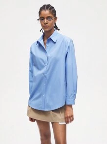 Maija Conjunto de dos piezas para mujer de camisa larga de manga larga diaria y falda de unicolor simple - Azul - Ver 5