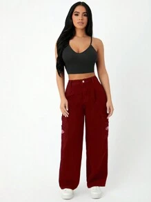 SHEIN PETITE Women's Letter Patchwork Cargo Denim Pants - Burgundy - View 3