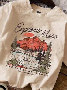 SHEIN EZwear Plus Size Loose-Fit T-Shirt With Rivers And Mountains Print, Casual Short Sleeve Round Neck Tee In S Explore More THE GREAT OUTDOORS Let's Get Lost Somewhere - Apricot - View 3