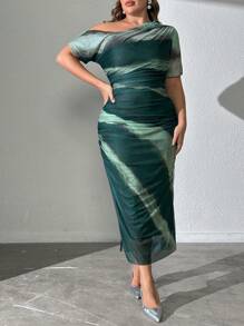 Modelyn 加大码不对称领口修身拼色长裙，休闲或度假的完美选择，优雅的婚礼宾客/场合/仪式/晚会长晚礼服 - 彩色 - 查看 3