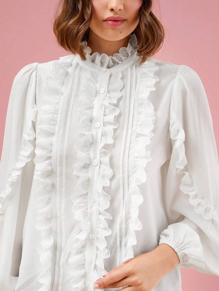 Ruffle Trim Lantern Sleeve Blouse For Dailywear