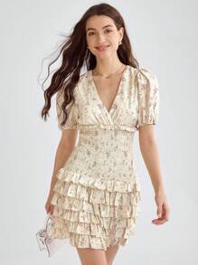 Enchnt Women's Deep Shirred Puff Sleeve Floral Waist Tie Shirred Lace Dress - Apricot - View 7