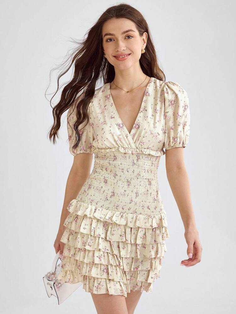 Women's Deep Shirred Puff Sleeve Floral Waist Tie Shirred Lace Dress