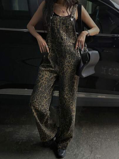 DAZY 豹纹牛仔背带裤（不含背心）Y2k