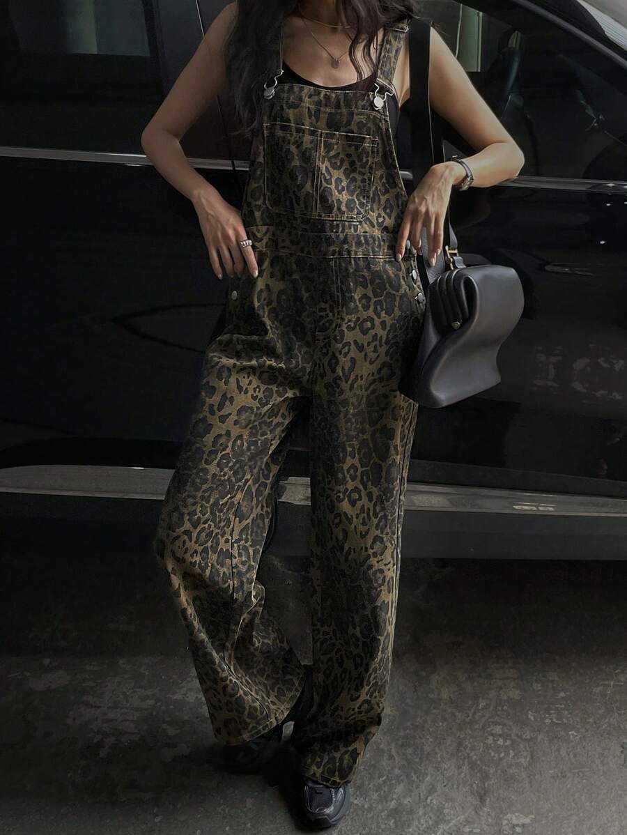 DAZY 豹纹牛仔背带裤（不含背心）Y2k - 棕色 - 查看 1