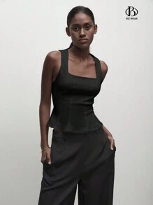 BizChic 女士弹力短款休闲上衣/吊带背心，浪漫优雅，百搭，商务休闲，办公室装，教师装，婚礼宾客装，秋季 - 黑色 - 查看 5