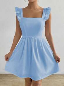 SHEIN LUNE Vestido sólido con cordón trasero y ribete de volantes - Azul - Ver 2