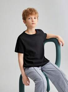 SHEIN 適合青少年男孩的純色圓領短袖T卹，采用窩紋編織面料 - 黑色 - 查看 3