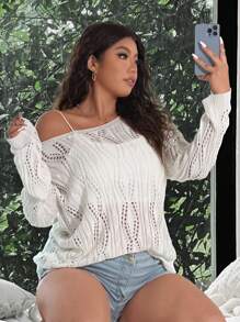 Flirla Plus Size Round Neck Long Sleeve Hollow Out See-Through Sweater Pullover, Daily Casual Knit Pullover Fall Winter Outfit