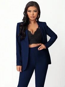 SHEIN SXY Women's Solid Color Open Front Long Sleeve Blazer And Pants, Elegant Commuting Suit For Spring And Autumn - Navy Blue - View 5