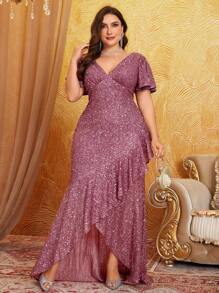 UNITHORSE Plus Size Front & Back V-Neck Flare Sleeve Uneven Ruffle Hem Elegant Glitter Formal Dress, Party Dress, Wedding Guest Dress, Evening Dress, Bride Dress, Birthday Women Outfits, Graduation Dress, Formal Dress,Gown - Dusty Pink - View 5