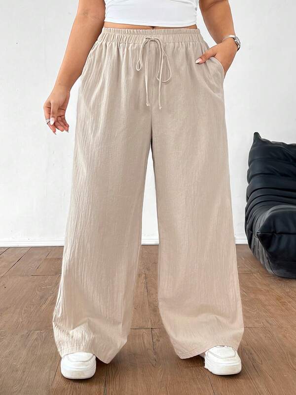 SHEIN EZwear Pantaloni Casual De Vară De Marime Plus Cu Buzunare Și Nod De Cravată