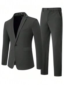 Manfinity Mode Men's Classic Collar Long Sleeve Buttoned Shirt With Mock Pockets And Dress Pants Suit