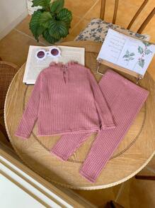 SHEIN Babygirl 纯色针织荷叶边下摆长袖上衣和松紧腰长裤两件套，秋冬 - 粉色 - 查看 8