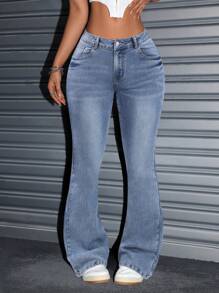 SHEIN ICON Quần jean ống loe cạp thấp thường ngày phù hợp cho nữ có túi - Rửa nhẹ - Xem 1