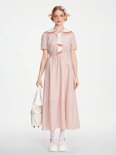 Kawaii Women's Summer Casual Colorblock Navy Collar Striped Dress