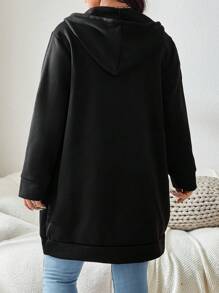 大尺碼女士素色休閒長袖夾克，日常穿著 - 黑色 - 查看 2