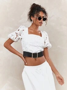 MISSGUIDED Cut-Out Lace Balloon Short Sleeves Square Neck Belted Hem Crop Top