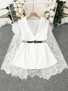 SHEIN Clasi Plus Size Women's Lace Split-Sleeve Patchwork Blazer Jacket, Spring/Summer - White - View 2