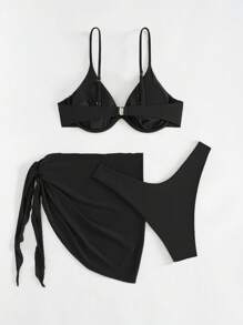 SHEIN Swim 女士泳衣套装，3 件套，连体泳衣，带胸部支撑，夏季 - 黑色 - 查看 2