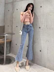 Washed Raw Hem Flare Leg Jeans Casual Spring Fall - Light Wash - View 4