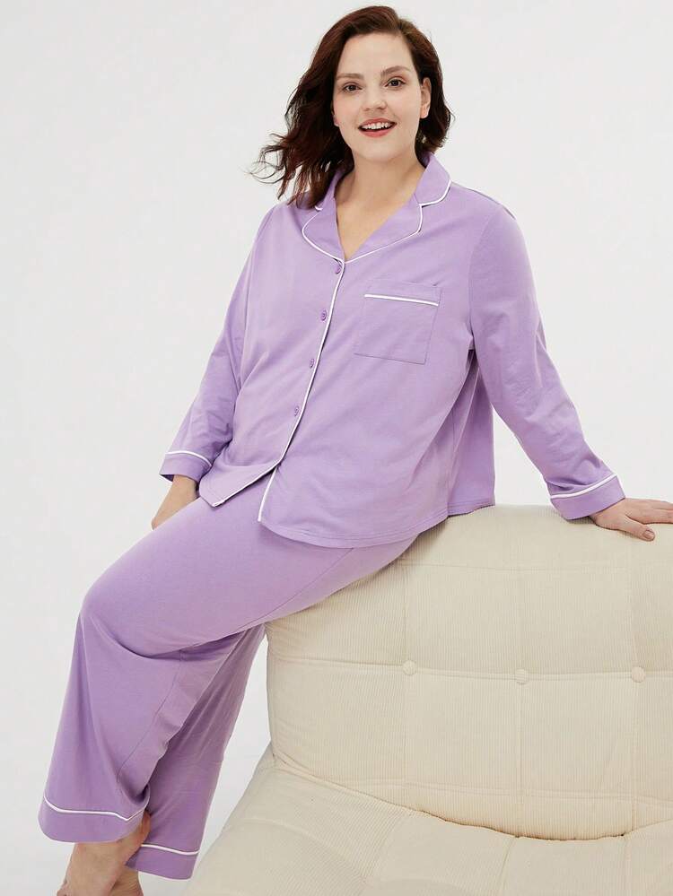 Conjunto de Pijama Feminino Plus Size Roxo Macio 100% Algodão Puro, Conjunto de Pijama Básico Longo com Top de Lapela e Calça, Conjunto de Loungewear de Outono