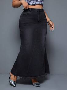 SHEIN ICON 加大高腰毛邊人魚裙式牛仔裙 - 黑色 - 查看 6