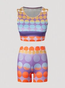 SHEIN Slayr Women's Summer Fashion Polka Dot & Gradient Printed Slim Fit Tank Top And Shorts Set - Multicolor - View 4