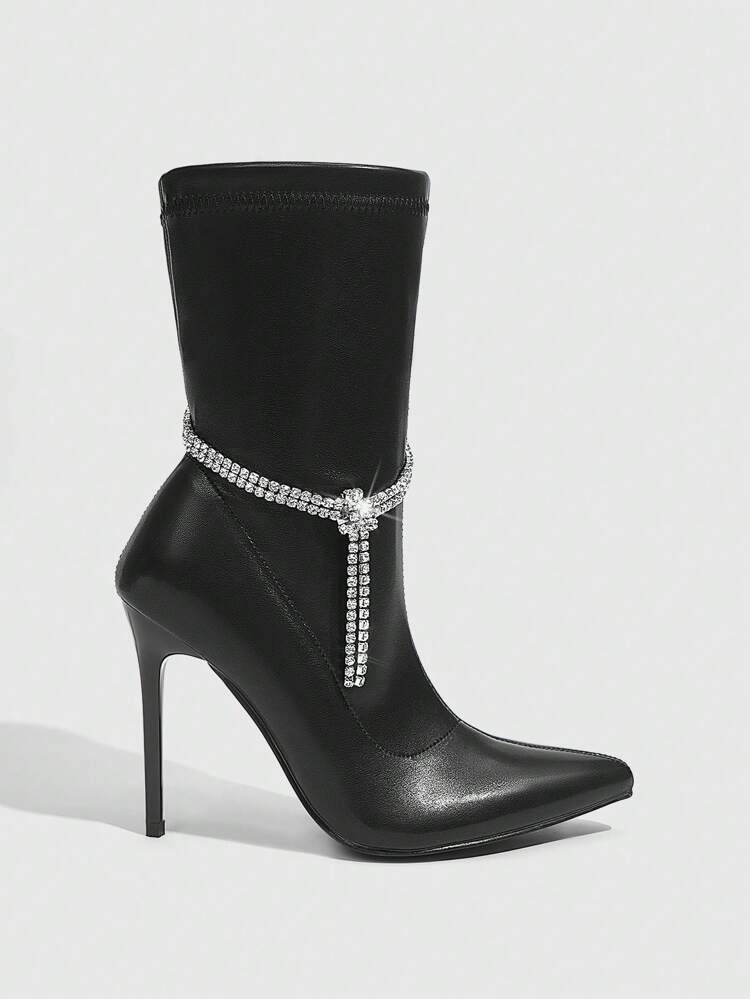 CUCCOO SZL Women's Fashionable Party Style Short Boots, Black Classic Pointed Toe High Heels Mid-Calf Boots With Rhinestone Straps, Zipper Closure, Suitable For Work Or Date Halloween Witch Fall