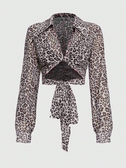 Haut à manches longues et torsadées coupe cropped en chiffon imprimé léopard à la mode pour l'été