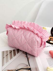 八角格纹化妆包，化妆工具收纳包，洗漱包，蝴蝶结图案化妆品整理洗漱包，荷叶边绗缝大容量化妆刷收纳包，送给女孩、女士、妈妈的礼物，蝴蝶结丝带洗漱包，荷叶边粉色格纹化妆包，手提化妆包，适合作为结婚礼物、伴娘礼物、生日礼物、圣诞礼物、朋友礼物 - 粉色 - 查看 4