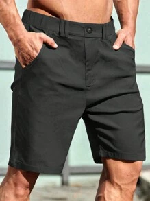 Manfinity Homme Men's Solid Color Casual Elastic Waist Shorts - Black - View 3