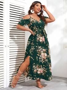 SHEIN VCAY 大码波西米亚风花卉印花露肩束带连衣裙，适合夏季 - 墨綠色 - 查看 6