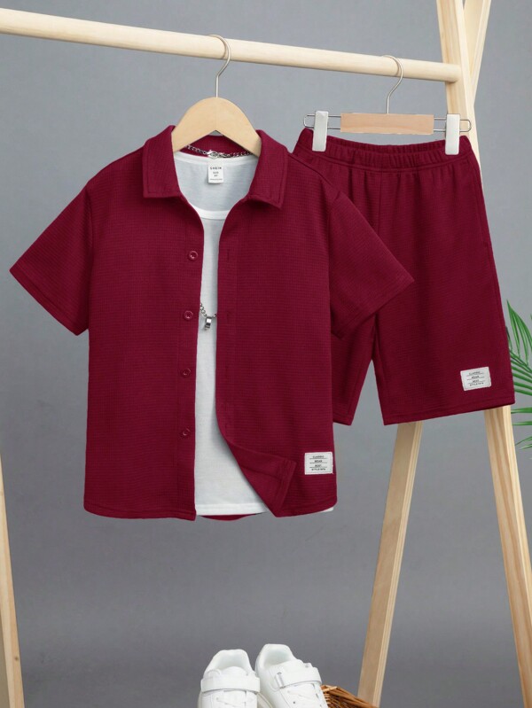 SHEIN Tween Boy Casual Comfortable Short-Sleeved Cardigan With Plain Shorts, 2pcs/Set