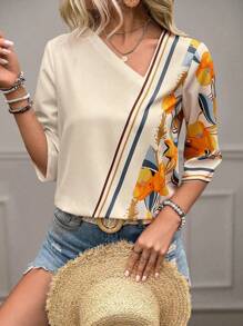 SHEIN Clasi 女士印花彩色休闲日常衬衫、七分袖上衣 - 杏色 - 查看 4