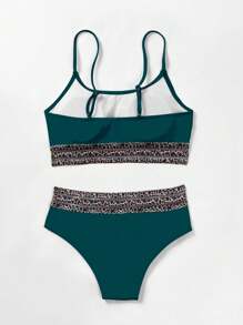 SHEIN Swim 女士纯色豹纹拼接简约日常两件套比基尼套装夏季海滩 - 霧霾藍 - 查看 4