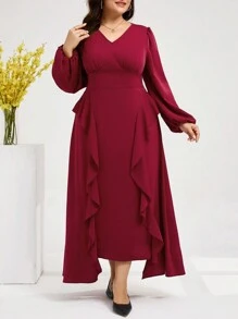 Modelyn Burgundy Red Plus Size Women's Plain Simple Daily Wear Arabesque Style Long Sleeve Blouse With Ruffle Hem Long Evening Dresses - Burgundy - View 7