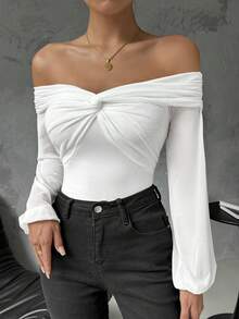 SHEIN Privé 25+ 件休閒風圓燈籠袖網紗上衣，露肩設計，修身適合女性 - 白色 - 查看 3