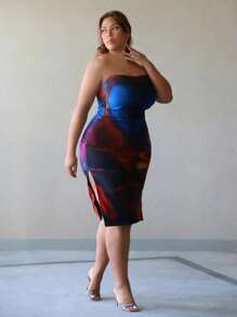 Flirla Mesh Printed Plus Size Bodycon Bandeau Dress - Multicolor - View 5