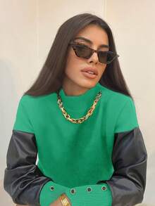 EURMUSE Contrast PU Sleeve Mock Neck Drop Shoulder Sweater - Green - View 3