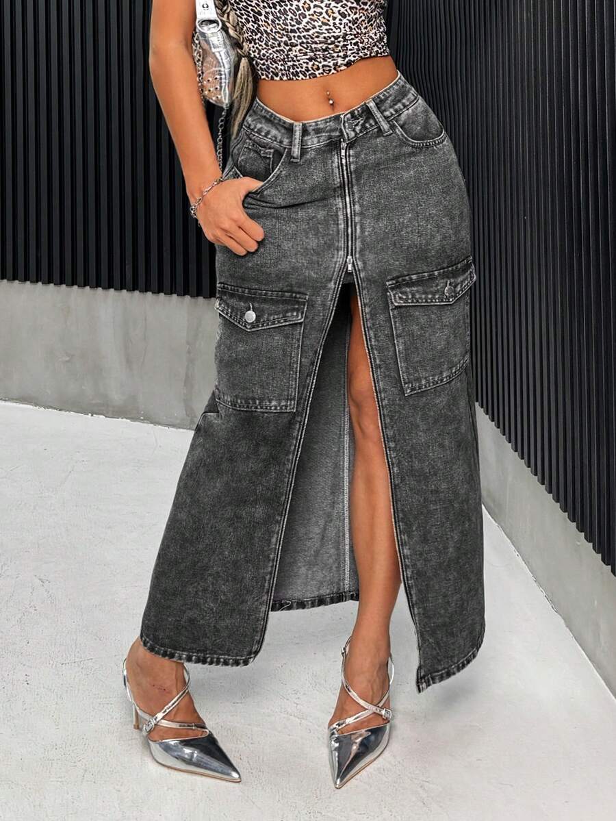 SHEIN ICON Women's Denim A-Line Skirt, Street Style Sexy Workwear Combination, Dark Grey - Dark Grey - View 1