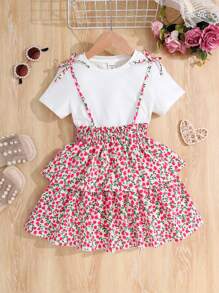 SHEIN Conjunto de camiseta de cor sólida com decote redondo e saia floral elegante para menina jovem - Pink - Visão 1