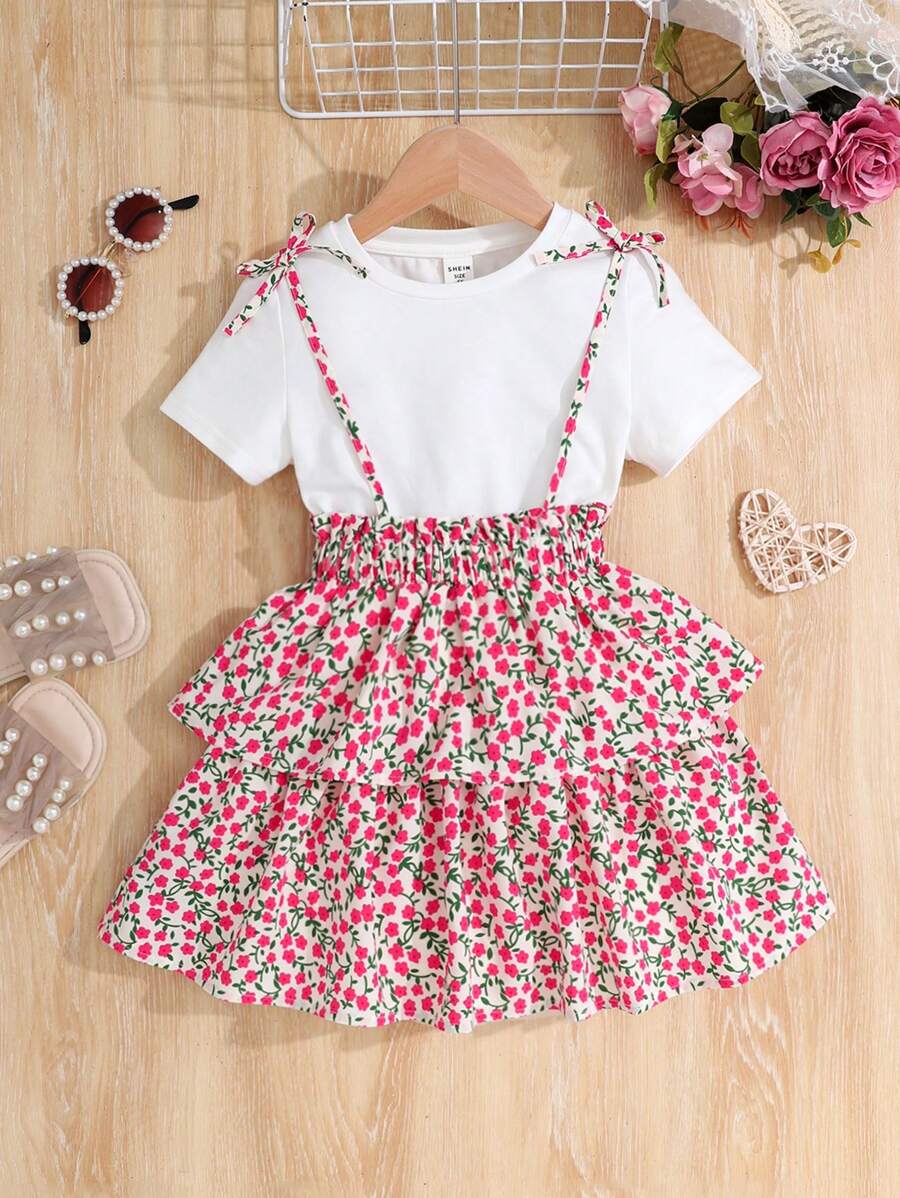 SHEIN Conjunto de camiseta de cor sólida com decote redondo e saia floral elegante para menina jovem - Pink - Visão 1