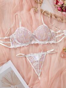 2pcs Sexy White Embroidered Lingerie Set - White - View 1