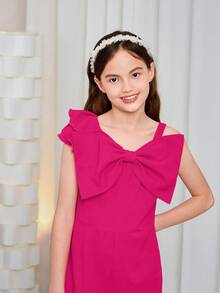 SHEIN Bộ đồ liền thân một vai màu trơn đơn giản dành cho bé gái tuổi mới lớn, Xuân/Hè - Màu Hồng Tươi - Xem 6