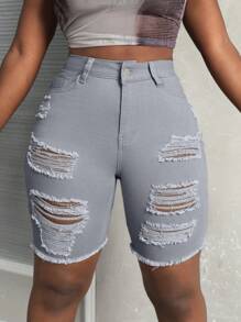 SHEIN Slayr 女性修身款休閒牛仔短褲，帶有破洞口袋細節 - 淺灰色 - 查看 5