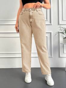 SHEIN Cottnline Plus Size High Waisted Straight Leg Jeans - Apricot - View 3